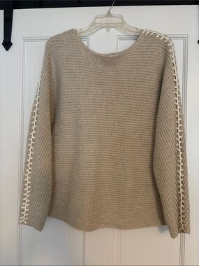 Pure Jill Classic Cozy Knit Sweater in Beige with White Trim Size Small